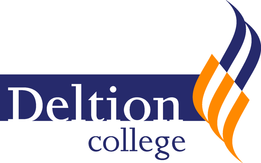 Deltion College logo: dark blue banner with white 'Deltion' text and orange and navy flame shapes on the right.